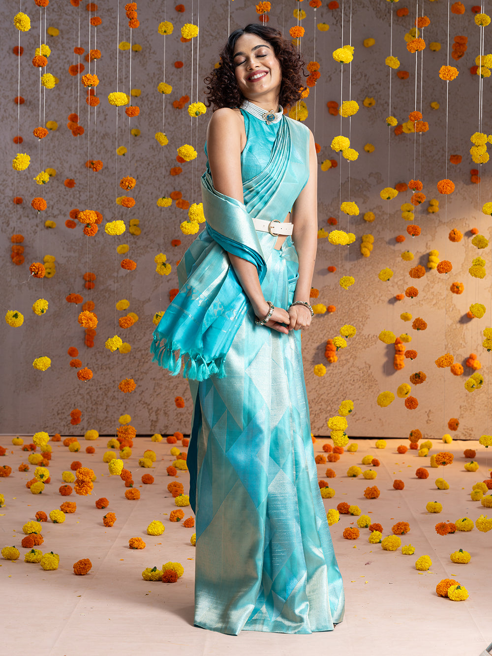 Sea Blue Antique Kancheepuram Silk Saree