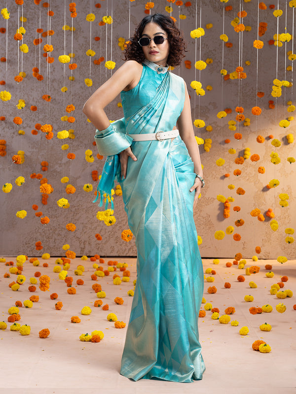 Sea Blue Antique Kancheepuram Silk Saree