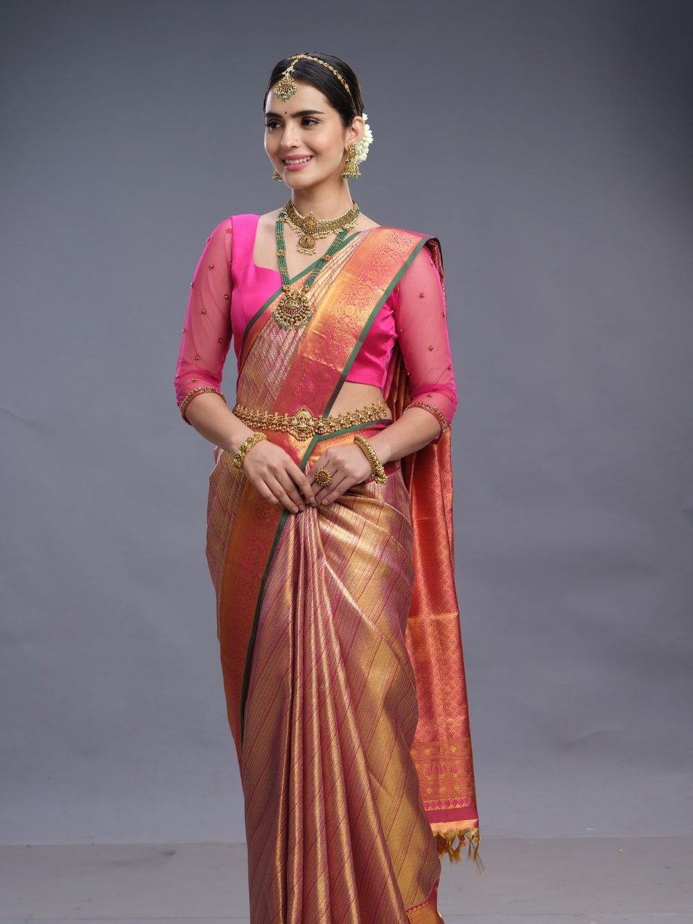 Peach & Pink Kancheepuram Silk Saree