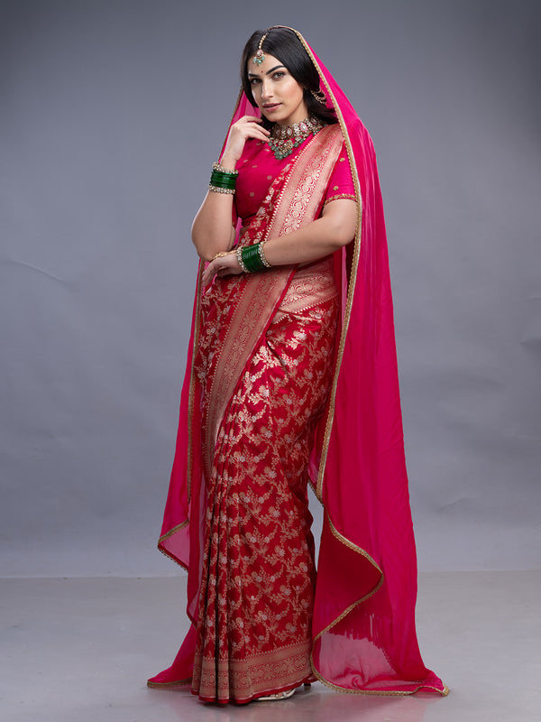 Bright Pink Banarasi Silk Saree