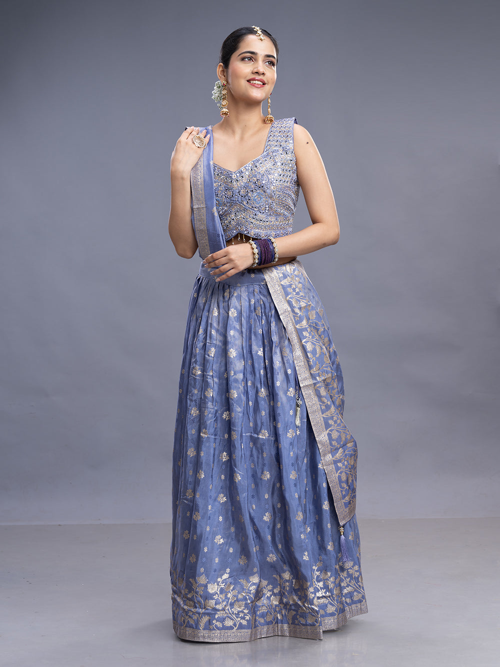 Lavender Banarasi Silk Crop Top & Skirt