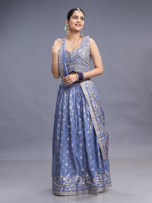 Lavender Banarasi Silk Crop Top & Skirt