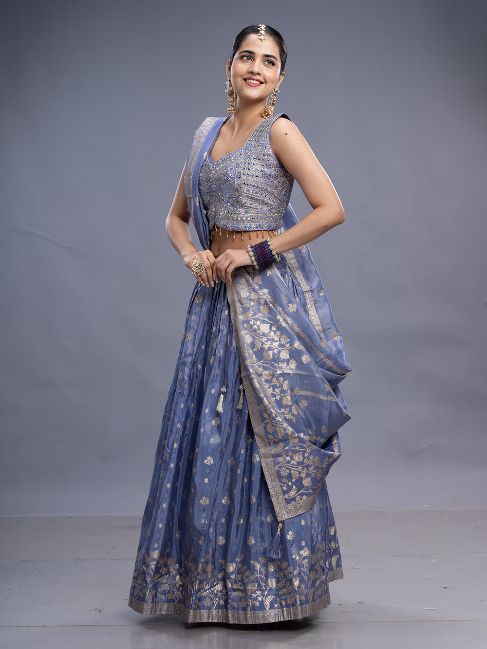 Lavender Banarasi Silk Crop Top & Skirt