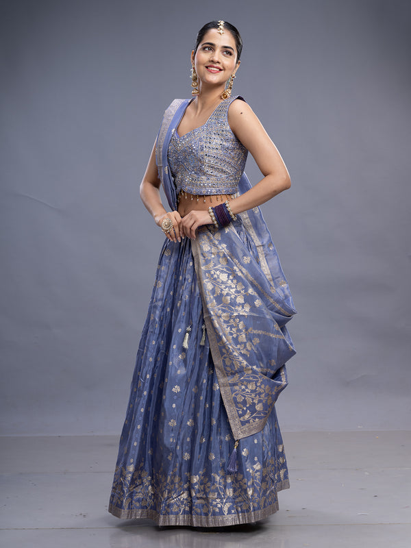 Lavender Banarasi Silk Crop Top & Skirt
