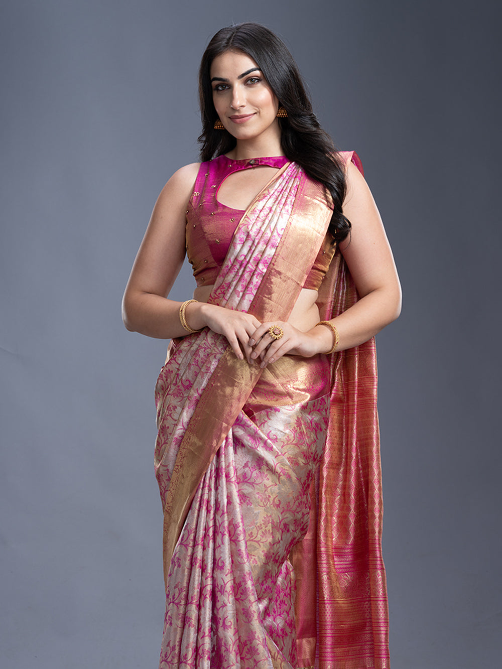 Pink & Silver Gold Kancheepuram Silk Saree