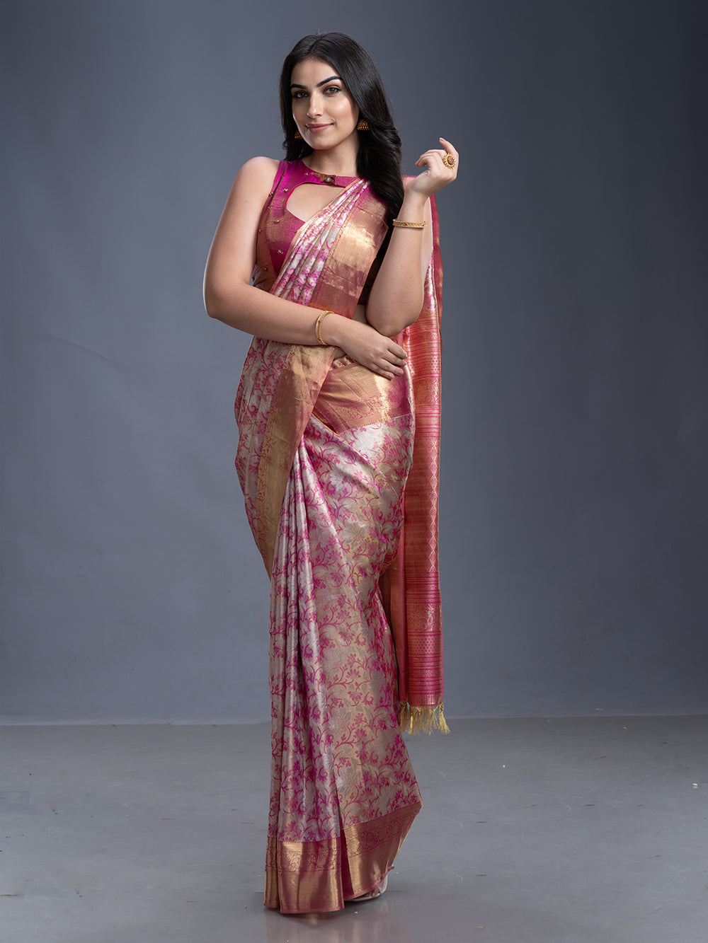 Pink & Silver Gold Kancheepuram Silk Saree