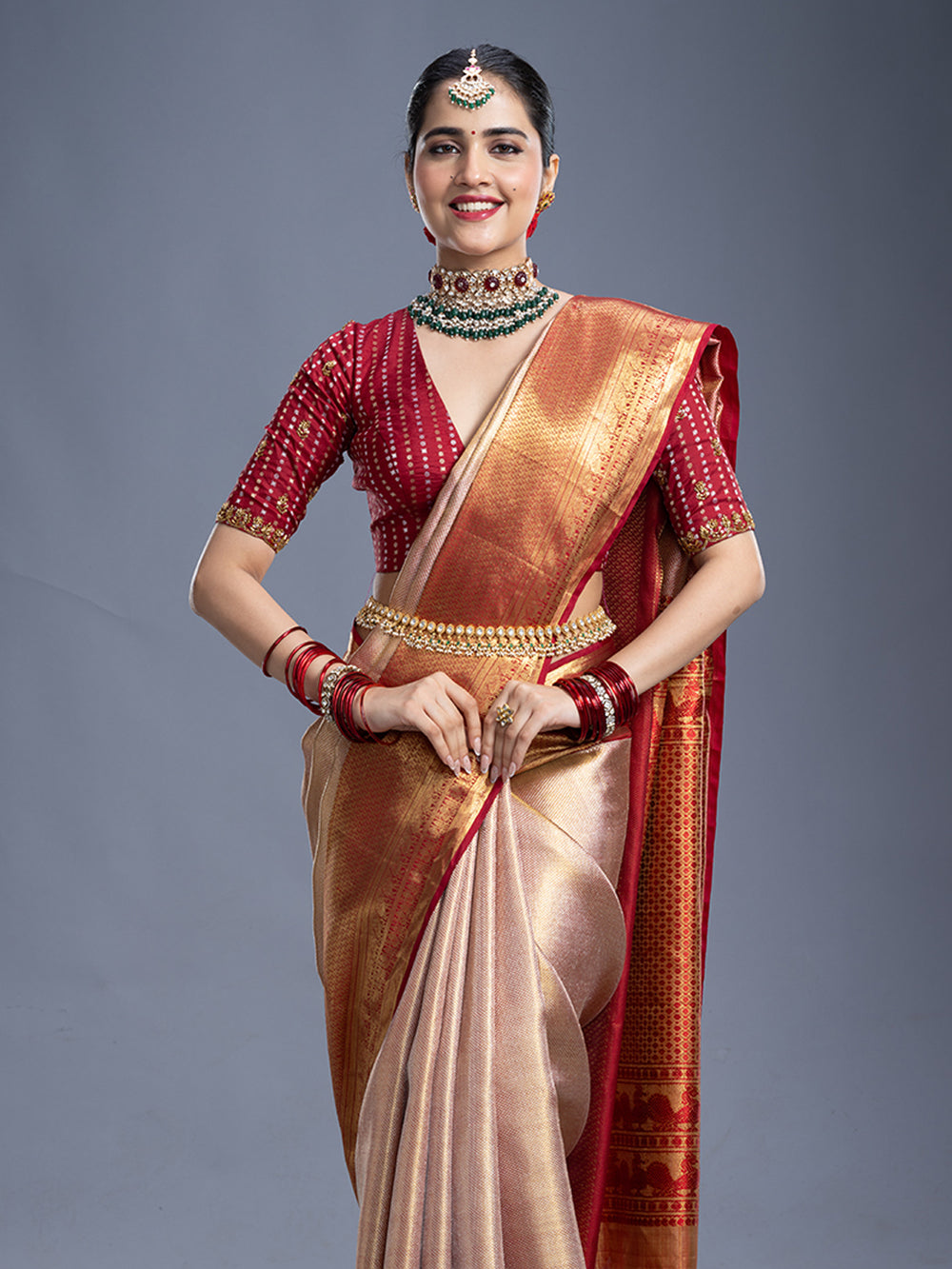 Golden & Maroon Red Contrast Kancheepuram Silk Saree