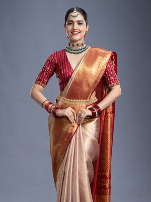 Golden & Maroon Red Contrast Kancheepuram Silk Saree