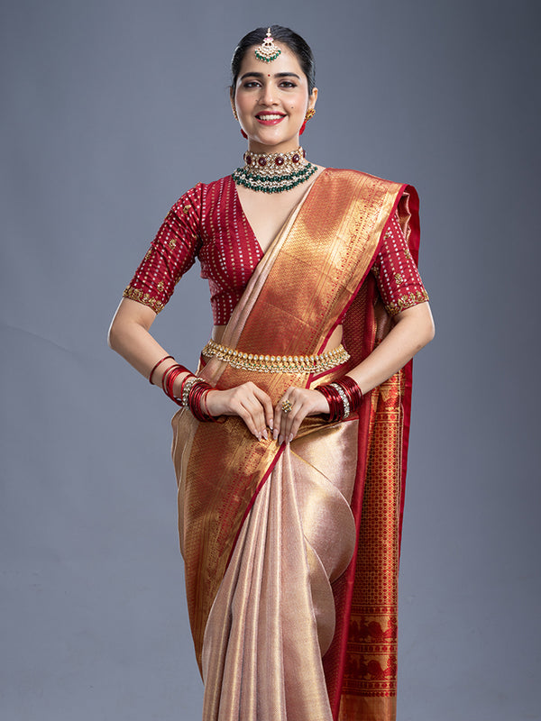 Golden & Maroon Red Contrast Kancheepuram Silk Saree