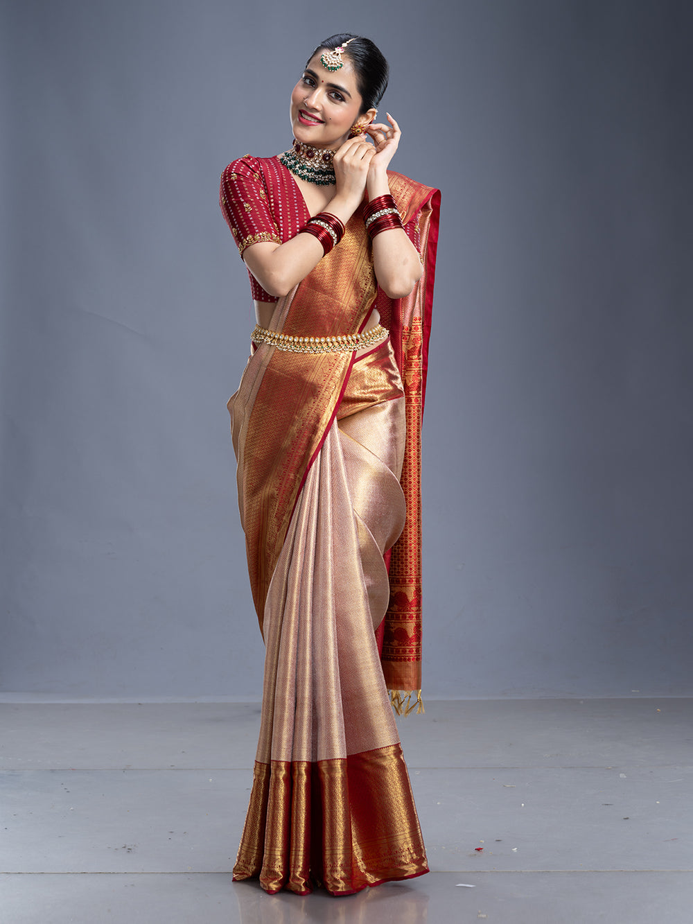 Golden & Maroon Red Contrast Kancheepuram Silk Saree