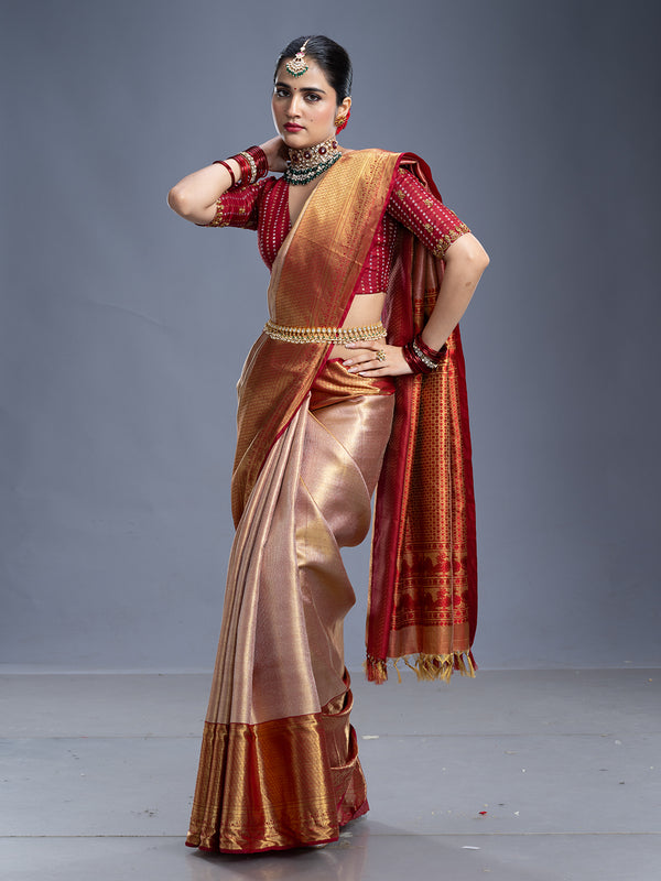 Golden & Maroon Red Contrast Kancheepuram Silk Saree