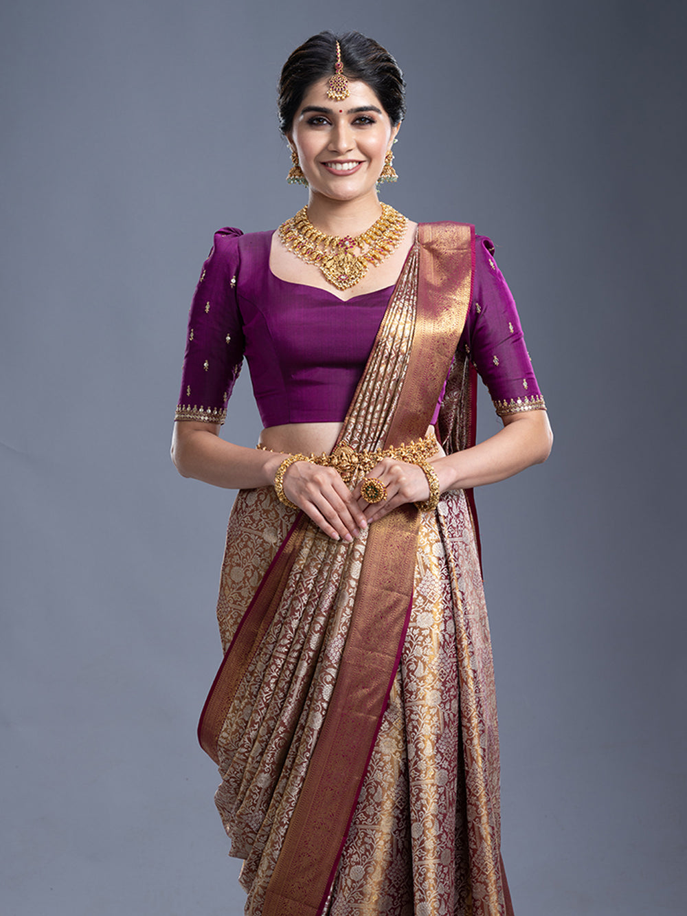 Golden & Wine Contrast Kancheepuram Silk Saree