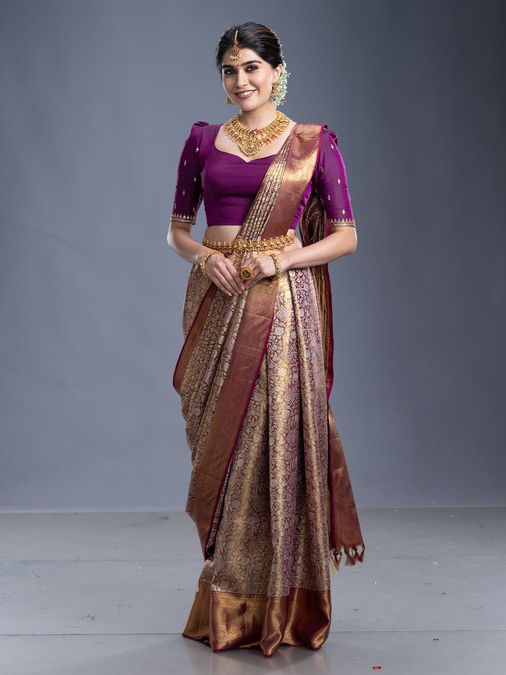 Golden & Wine Contrast Kancheepuram Silk Saree
