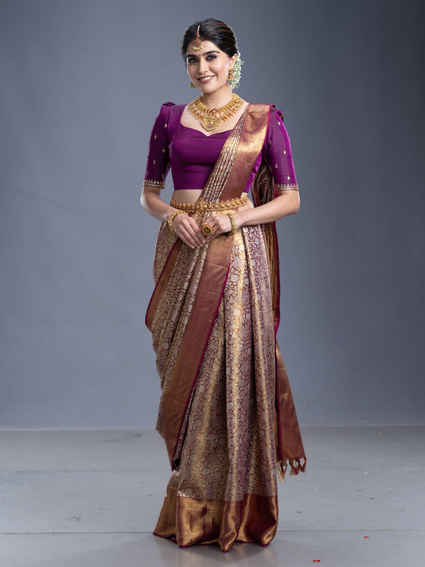 Golden & Wine Contrast Kancheepuram Silk Saree