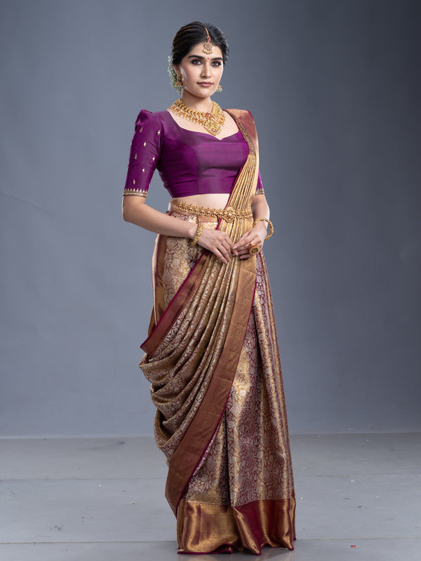 Golden & Wine Contrast Kancheepuram Silk Saree