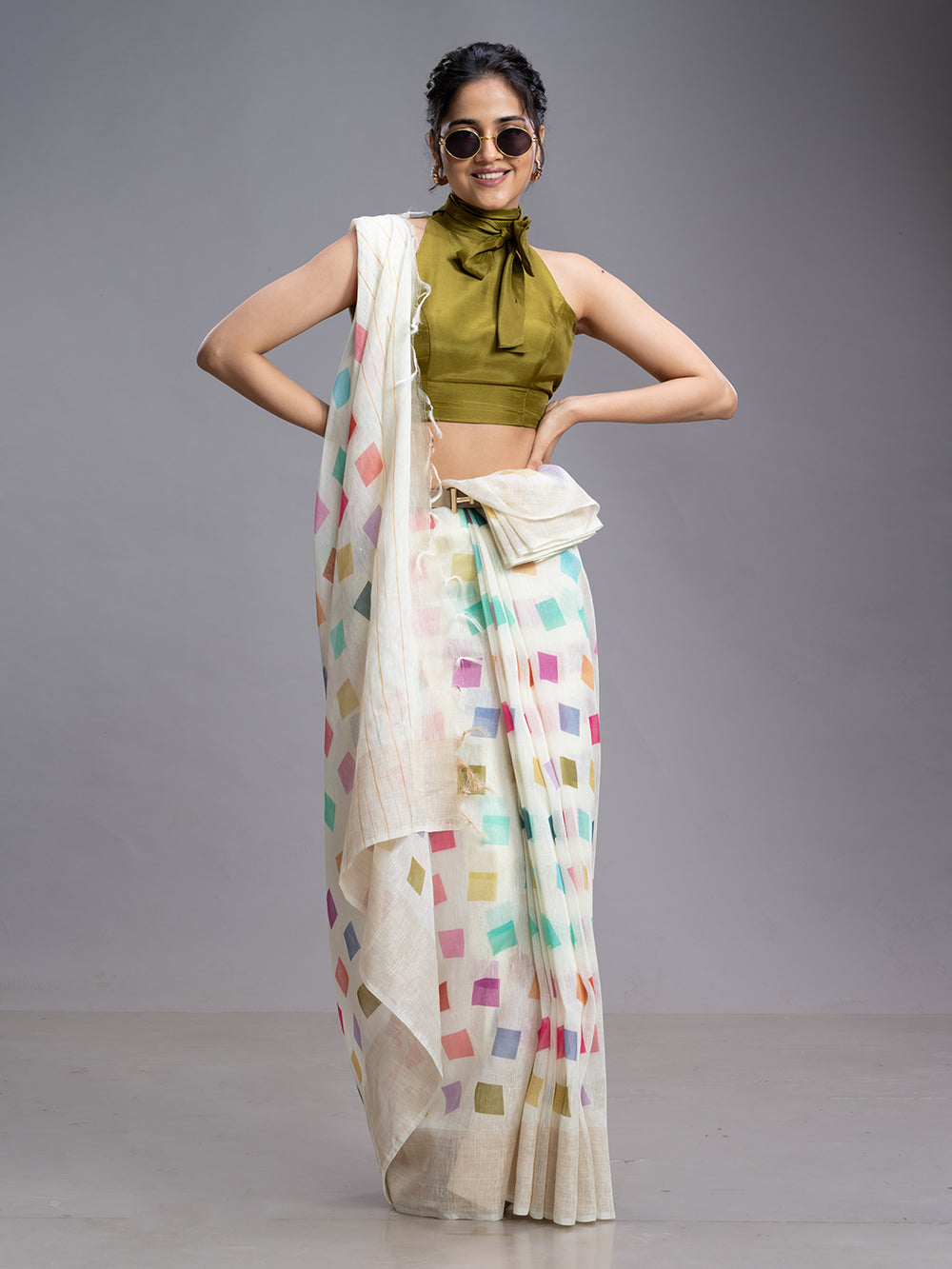 Multicolor Linen Casual Wear Saree