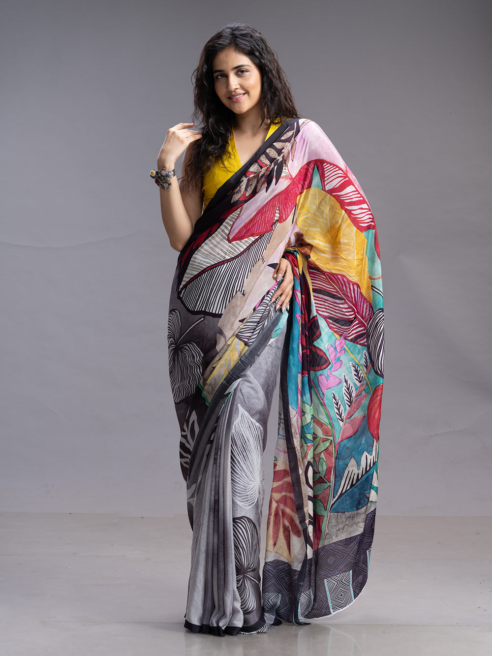 Grey With Multi Crape Silk Ethnic Wear Saree