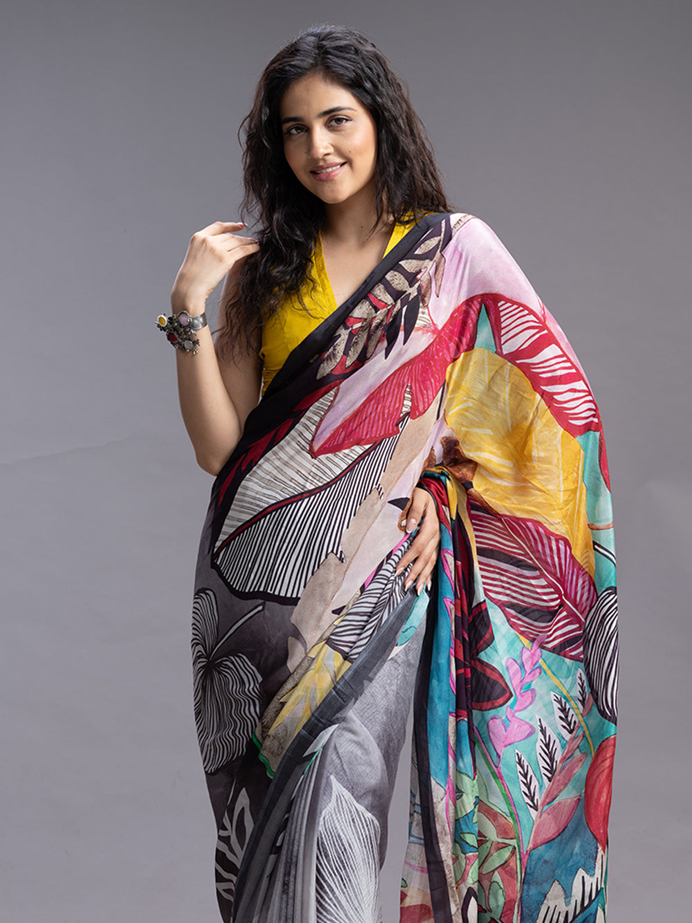 Grey With Multi Crape Silk Ethnic Wear Saree