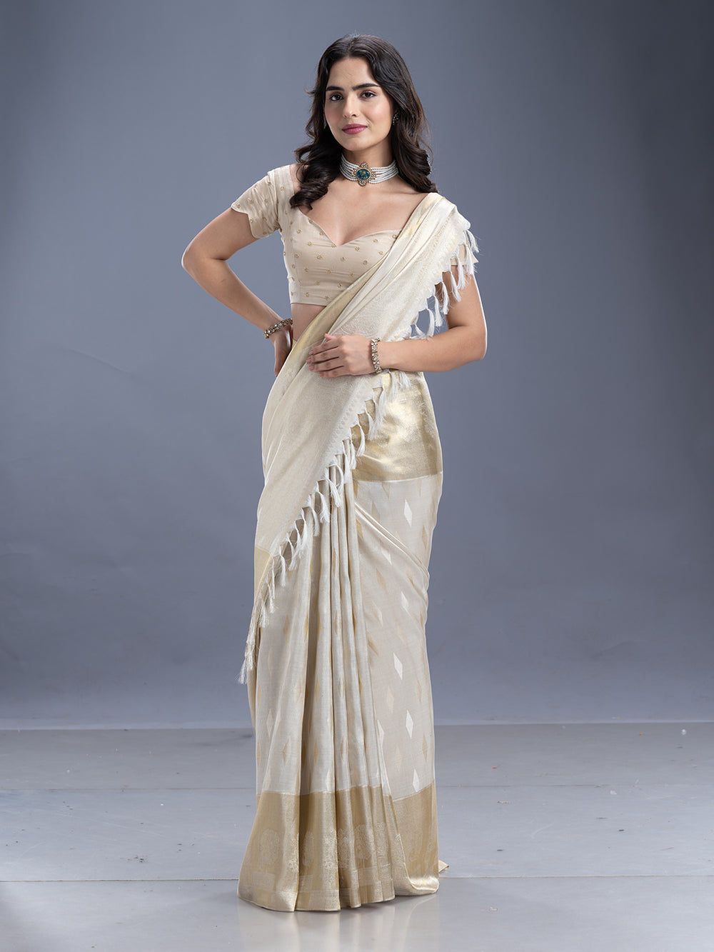Off White Tissue Silk Kancheepuram Silk Saree