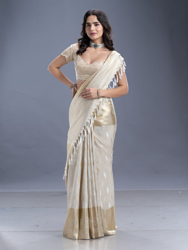 Off White Tissue Silk Kancheepuram Silk Saree