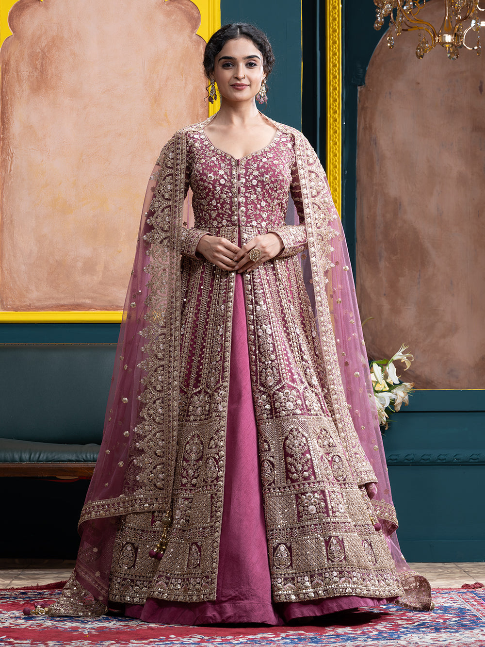 Onion Pink Net & Cotton Silk Arabic Gown