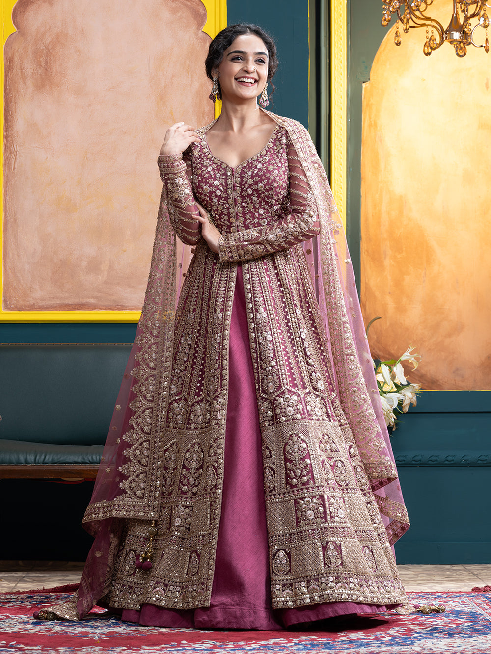 Onion Pink Net & Cotton Silk Arabic Gown