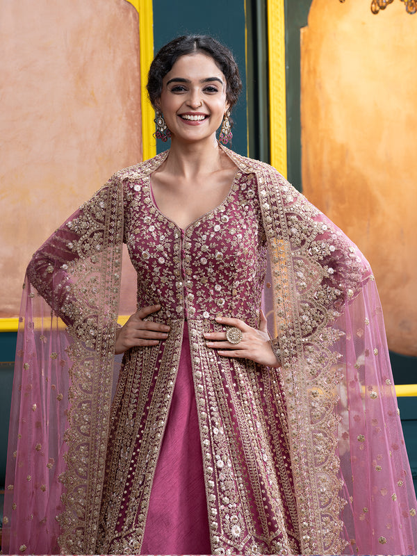 Onion Pink Net & Cotton Silk Arabic Gown