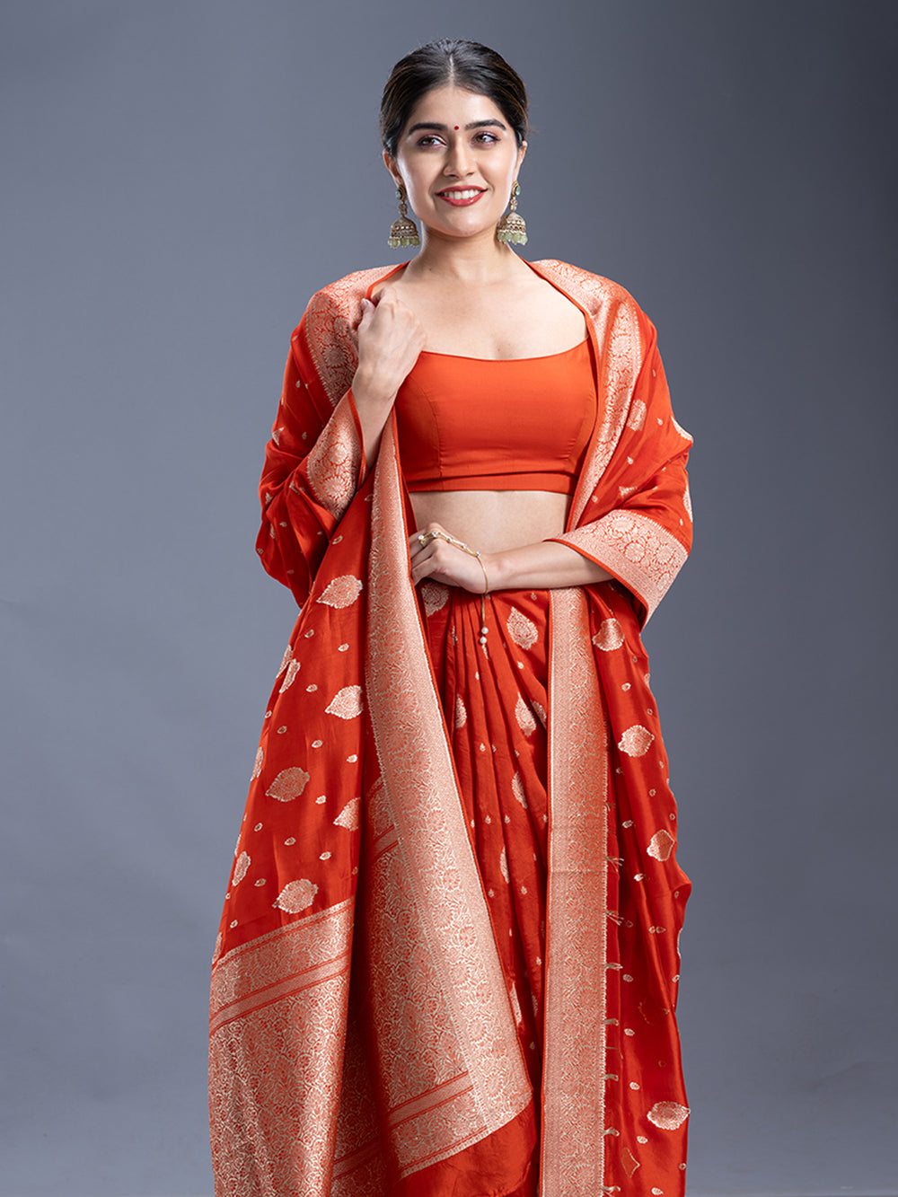 Orange Golden Buttas Banarasi Saree