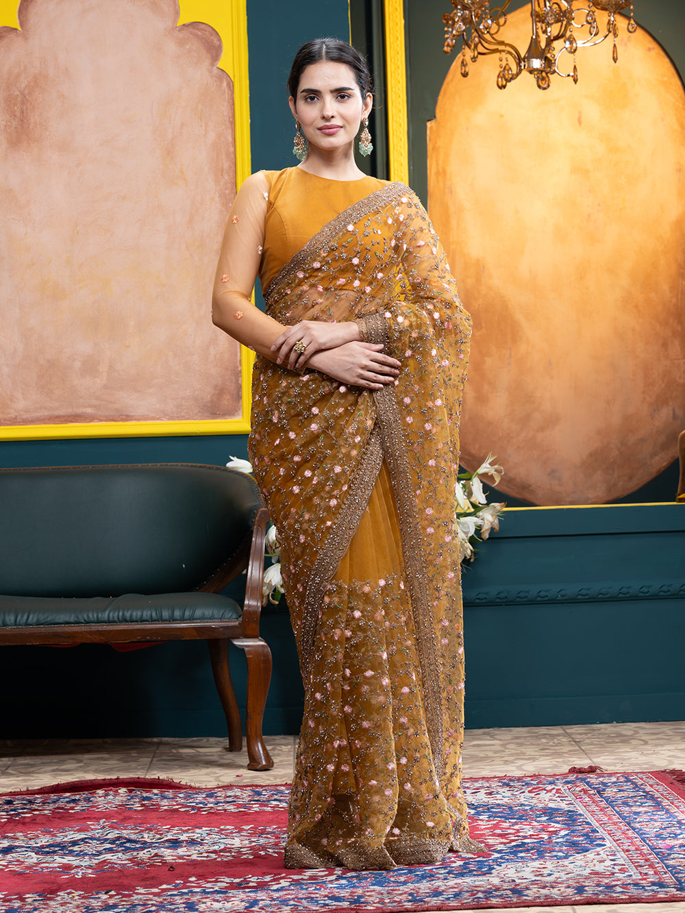 Mustard Yellow Net Designer Fancy Saree