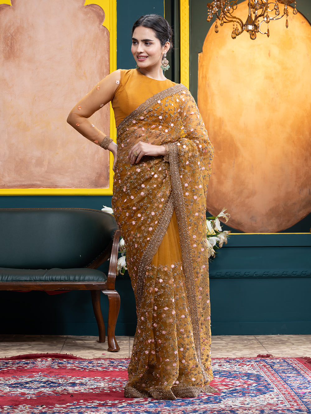 Mustard Yellow Net Designer Fancy Saree