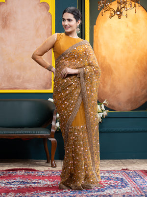 Mustard Yellow Net Designer Fancy Saree