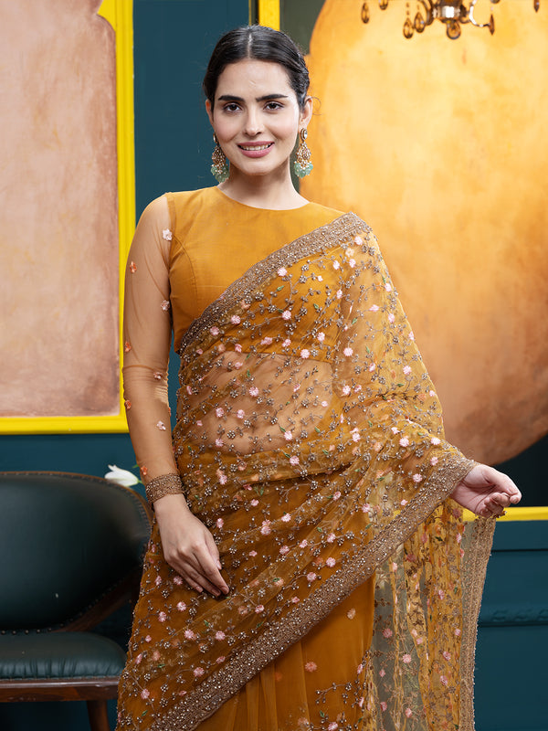 Mustard Yellow Net Designer Fancy Saree