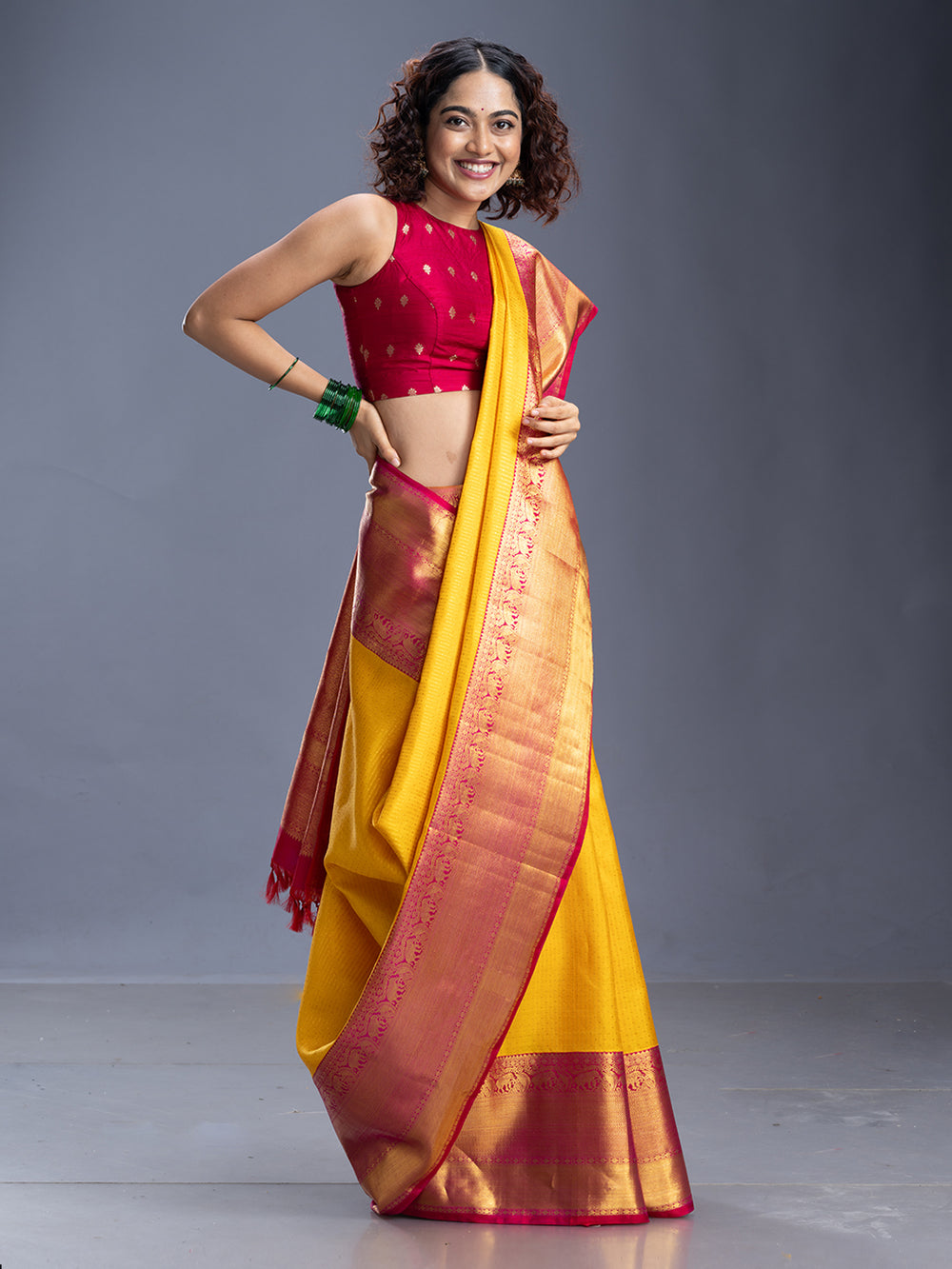 Yellow With Pink Contract Kancheepuram Silk Saree