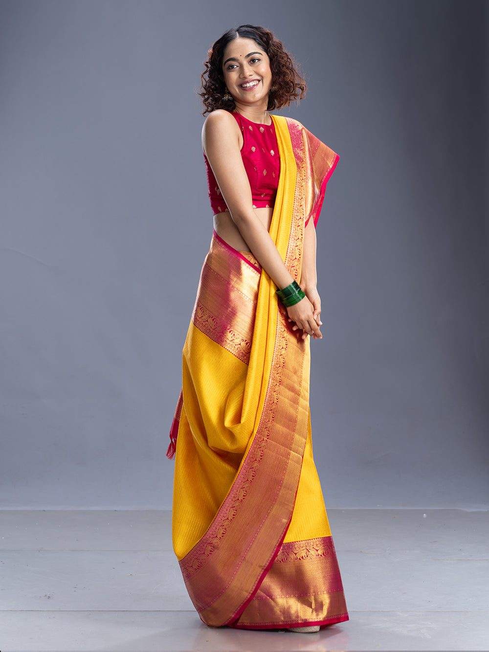 Yellow With Pink Contract Kancheepuram Silk Saree