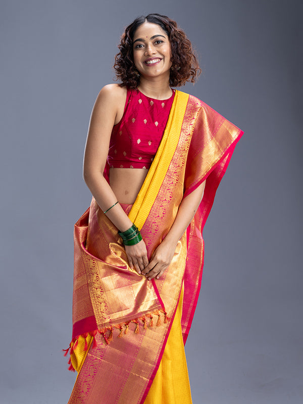 Yellow With Pink Contract Kancheepuram Silk Saree