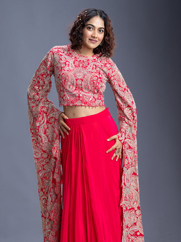 Pink Silk Thread Work Western Skirt & Top