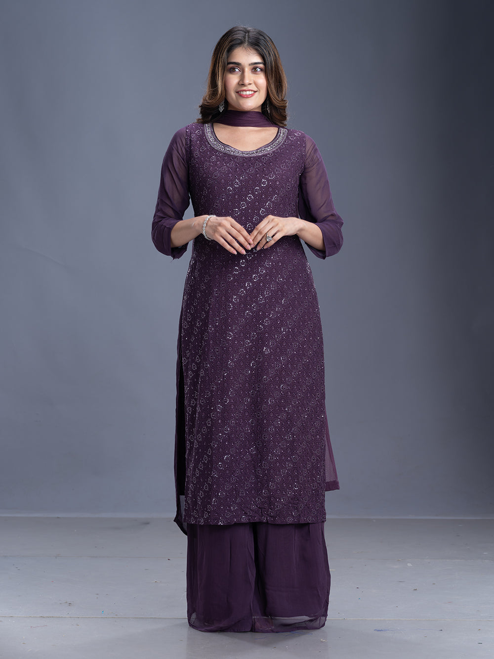 Wine Thread & Bead Georgette Sharara