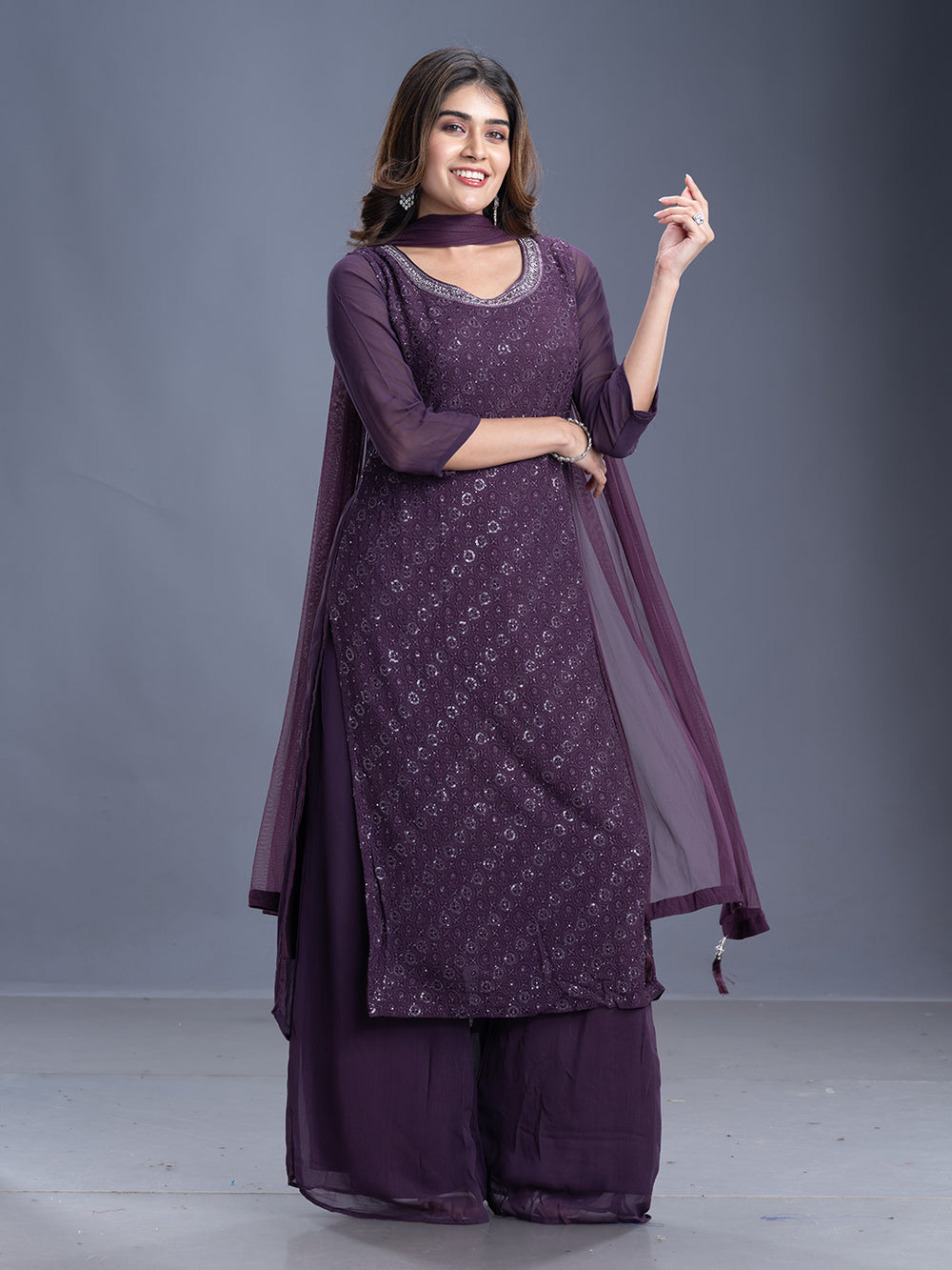 Wine Thread & Bead Georgette Sharara