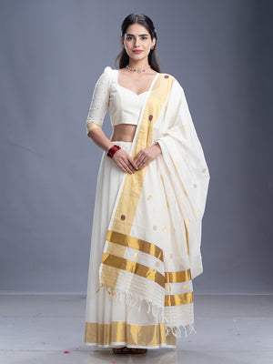 Off White Golden Zeri Thread Work Cotton Kerala Saree 
