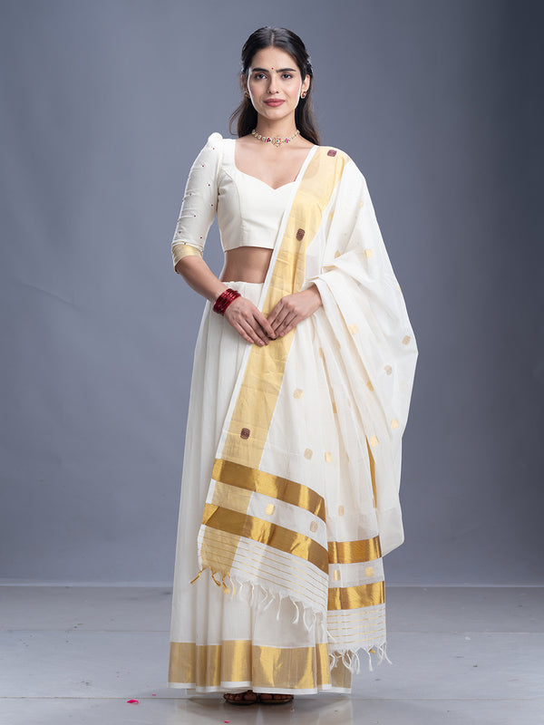 Off White Golden Zeri Thread Work Cotton Kerala Saree 