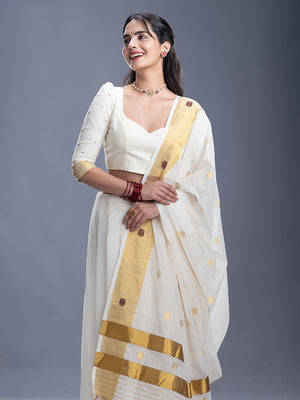 Off White Golden Zeri Thread Work Cotton Kerala Saree 