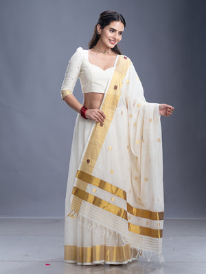 Off White Golden Zeri Thread Work Cotton Kerala Saree 