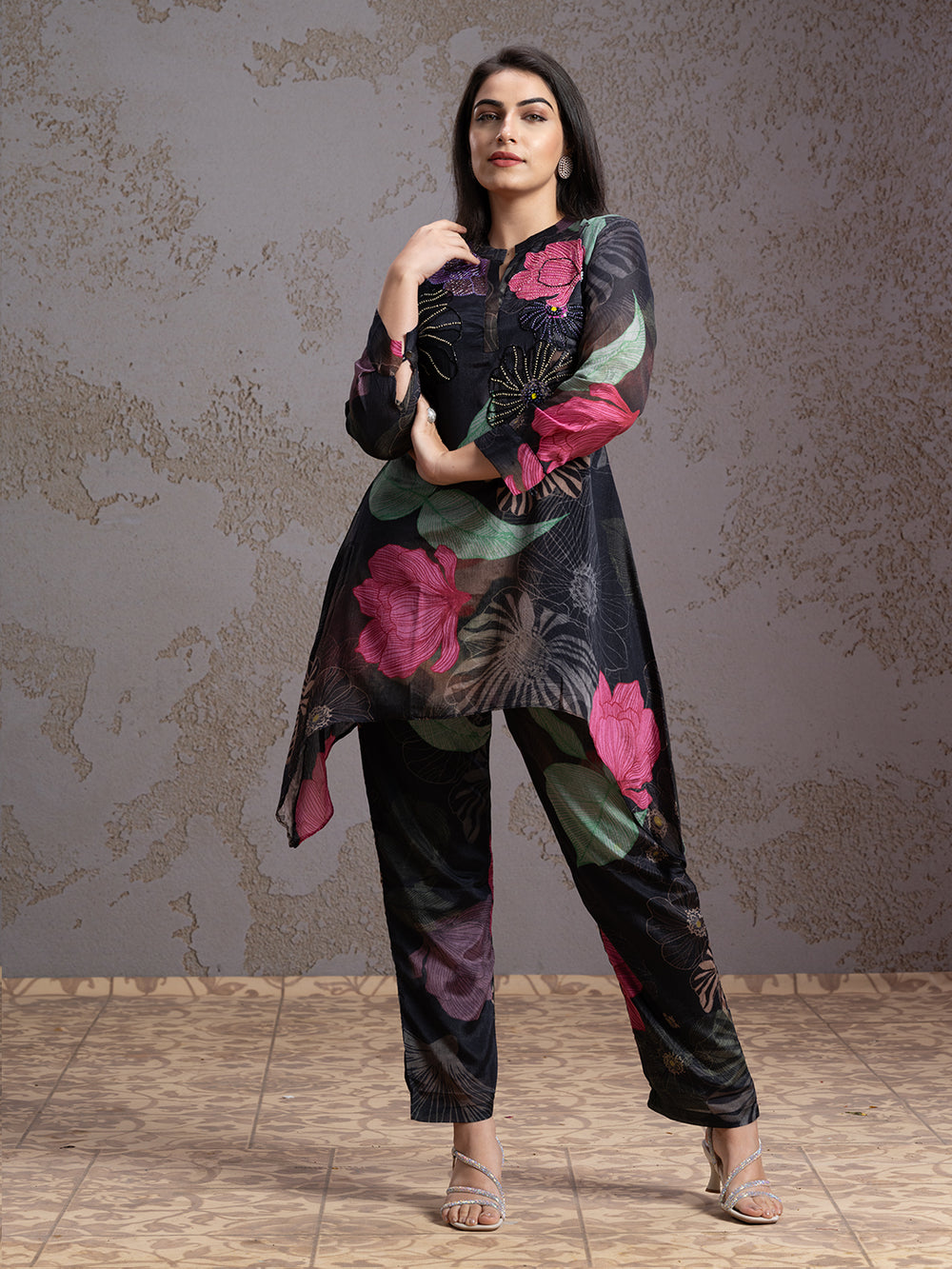 Multi Color Floral & Beads Work Chiffon Cord Set