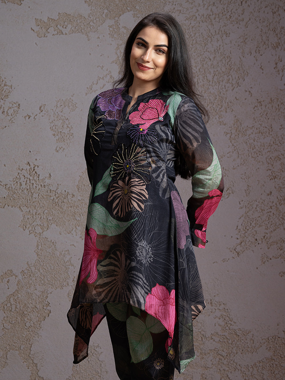 Multi Color Floral & Beads Work Chiffon Cord Set