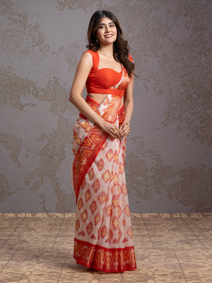 White With Orange Ikkat Silk Saree