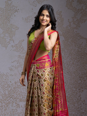 Ivory With Pink Pure Silk Ikkat Saree