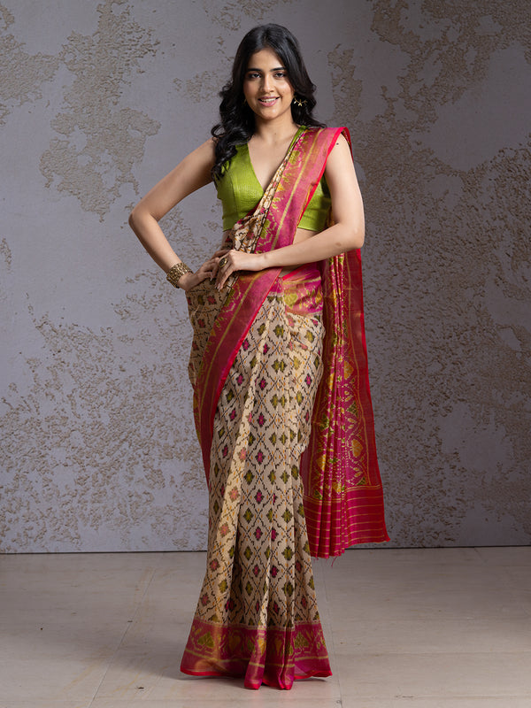 Ivory With Pink Pure Silk Ikkat Saree