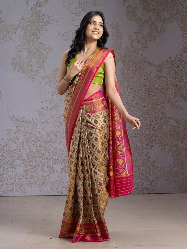 Ivory With Pink Pure Silk Ikkat Saree