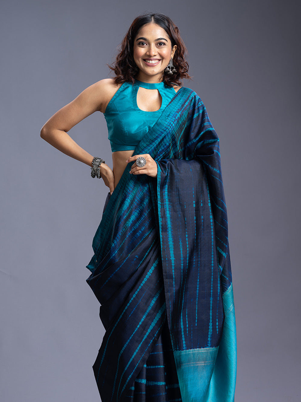 Navy Blue & Peacock Bathic Design Silk Saree