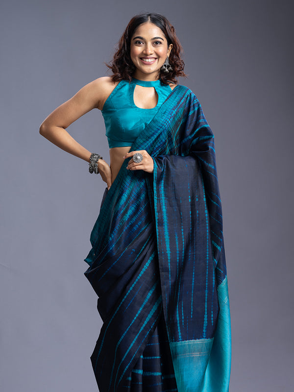 Navy Blue & Peacock Bathic Design Silk Saree